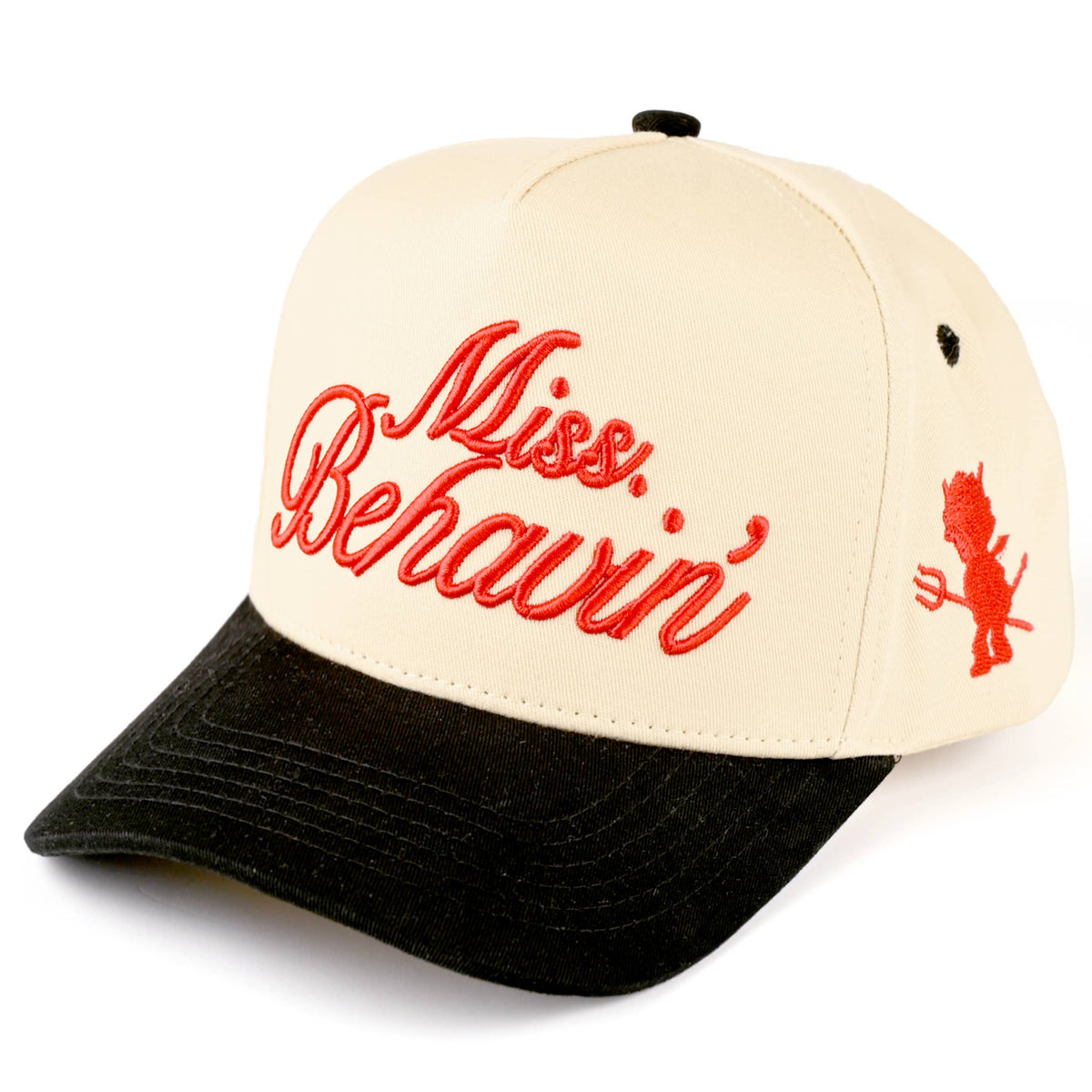 Western baseball cap with bold red embroidery on a cream crown and black brim