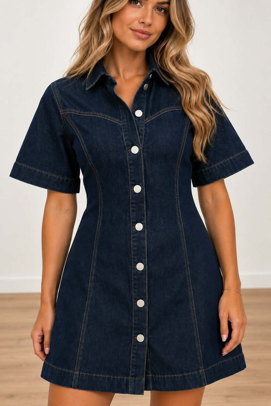Women's dark denim western dress with short sleeves, collared neckline and tan stitch detailing