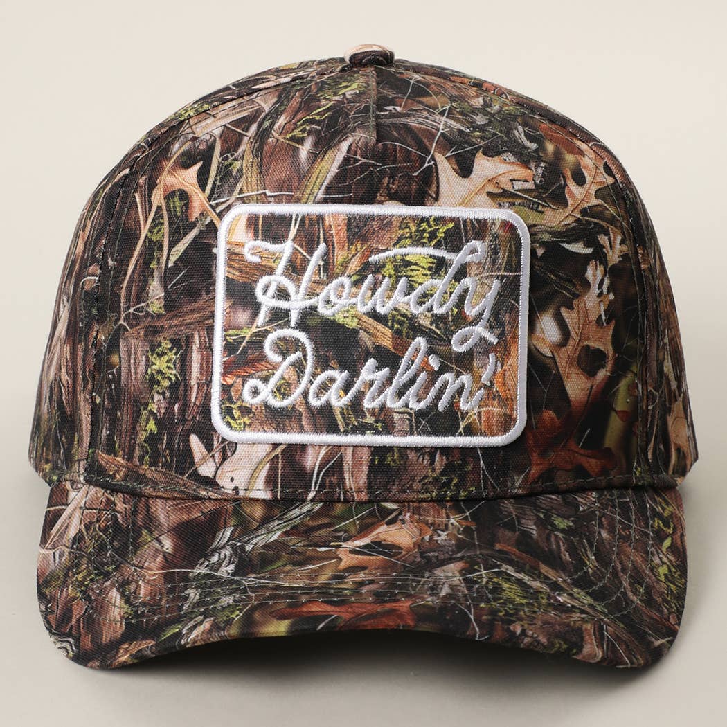 Woodland camouflage trucker cap with embroidered " Howdy Darlin'"