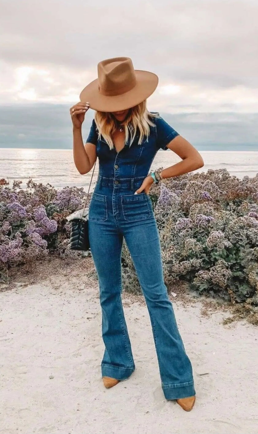 Bell bottom denim jumpsuit