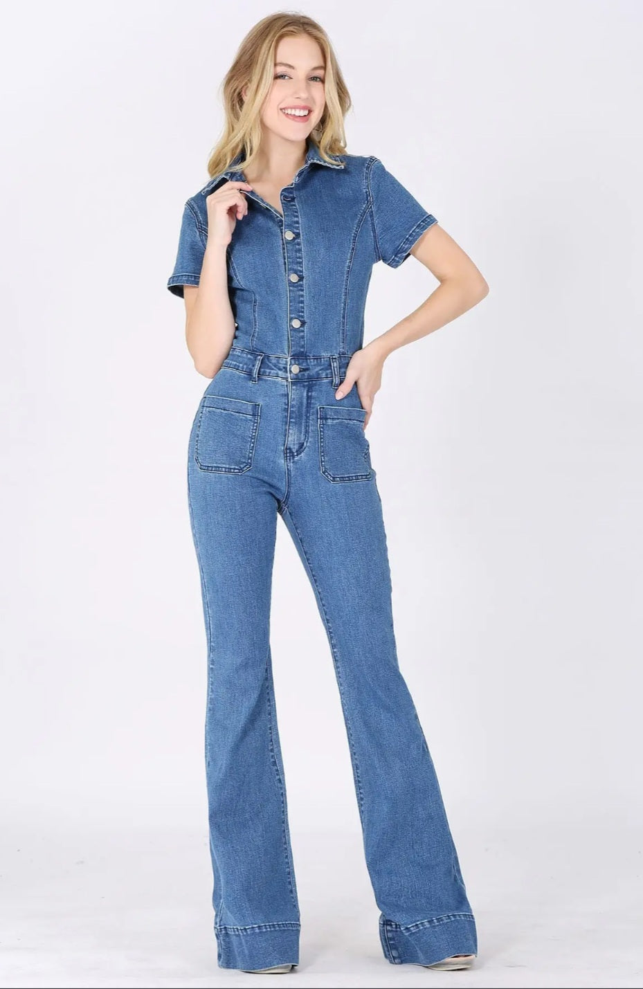 Bell bottom denim jumpsuit