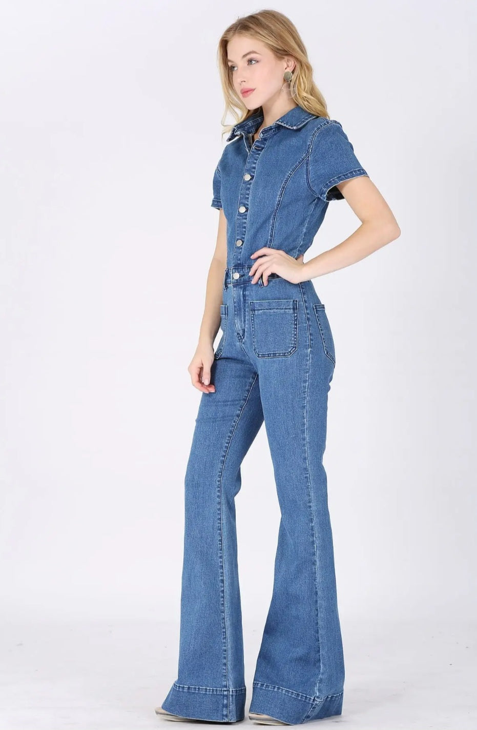 Bell bottom denim jumpsuit
