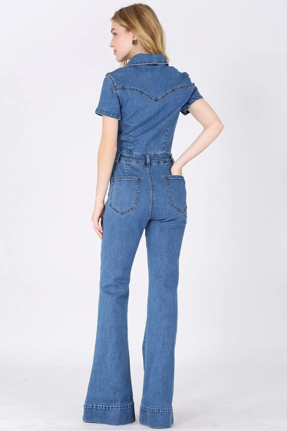Bell bottom denim jumpsuit