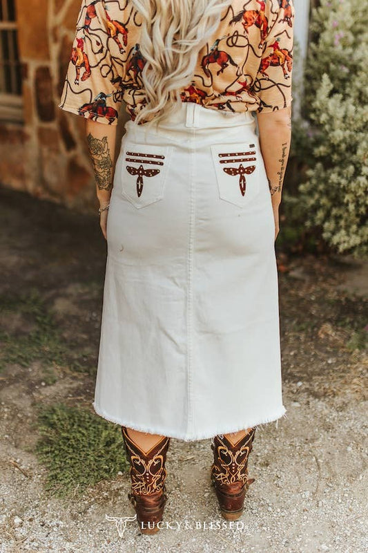 Ivory Stretch Denim Boot-Stitch Embroidered Skirt