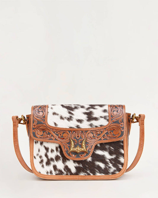 Desert Desire medium western shoulder bag featuring genuine calfskin hair on cowhide and decorative gold tone hardware