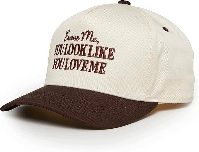 Cute country trucker hat with brown embroidery, cream front panel and chocolate curved peak for everyday western style