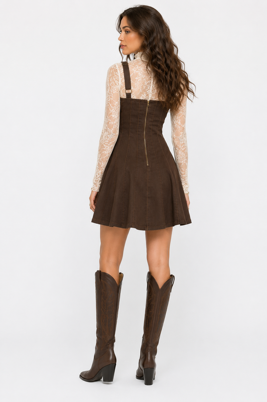 Women's chocolate brown denim mini dress with flattering fit and flare silhouette