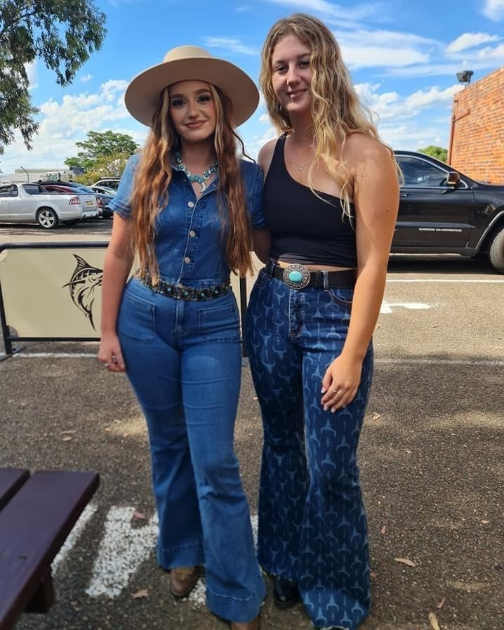 Bell bottom denim jumpsuit