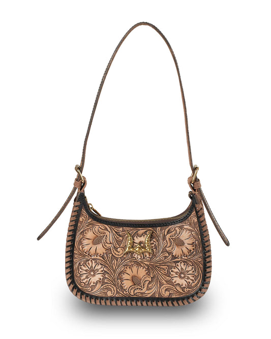 Vintage floral tooled western shoulder bag in tan brown with decorative gold hardware and whipstitch edging