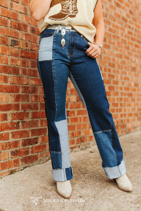 Denim Patchwork Straight Leg Jeans