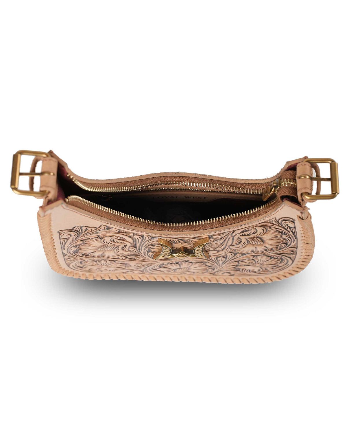 Rich tan Western handbag with floral leather tooling and woven trim