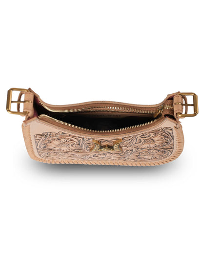 Rich tan Western handbag with floral leather tooling and woven trim