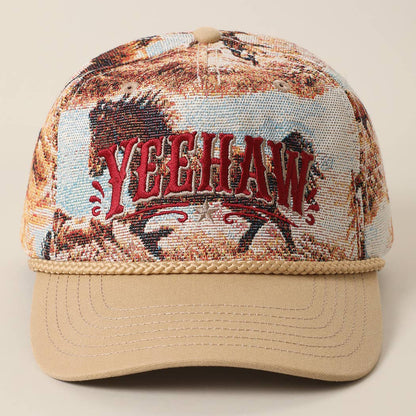 YEEHAW wild horse tapestry trucker cap with crimson embroidery, beige curved brim and braided rope detail