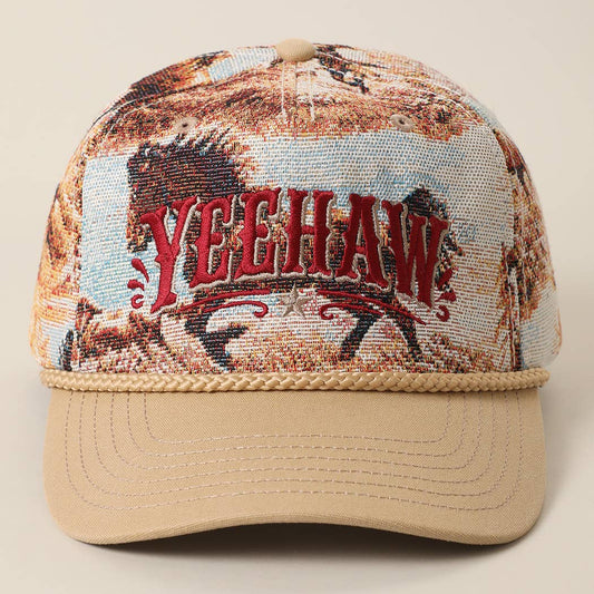 YEEHAW wild horse tapestry trucker cap with crimson embroidery, beige curved brim and braided rope detail