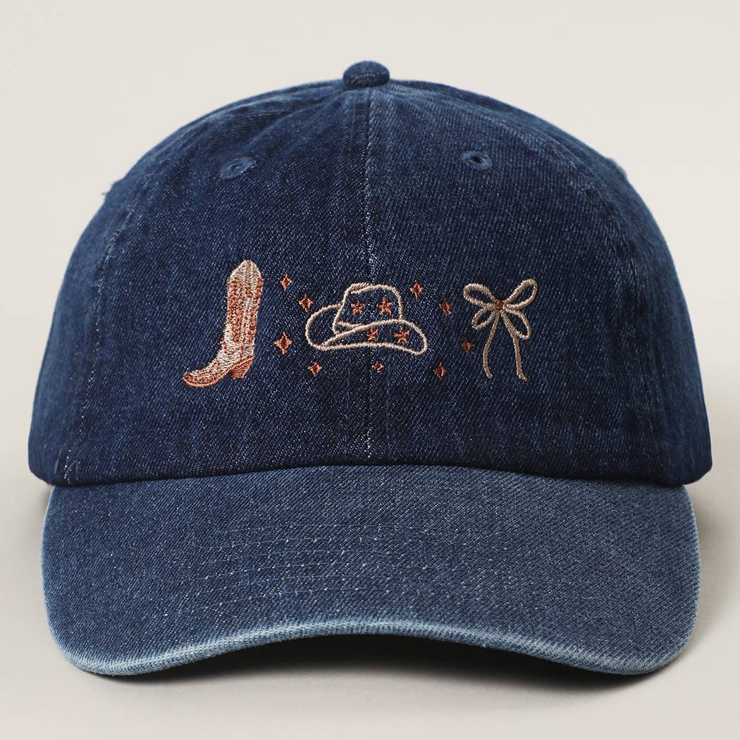 Dark denim western cap featuring embroidered cowboy boots, cowboy hat and bow design