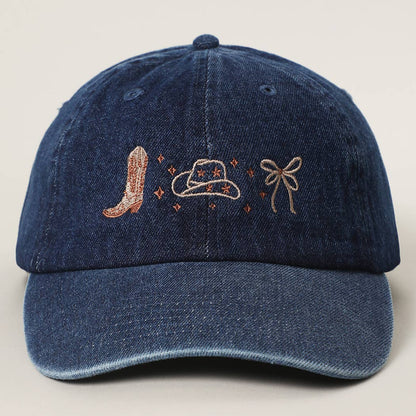 Dark denim western cap featuring embroidered cowboy boots, cowboy hat and bow design