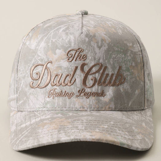 Realtree camo trucker cap embroidered with The Dad Club in tan lettering