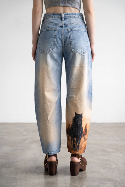 Women's vintage wash barrel leg horse print jeans