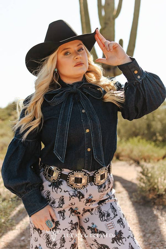 Women's soft denim tie neck blouse with voluminous sleeves in western style