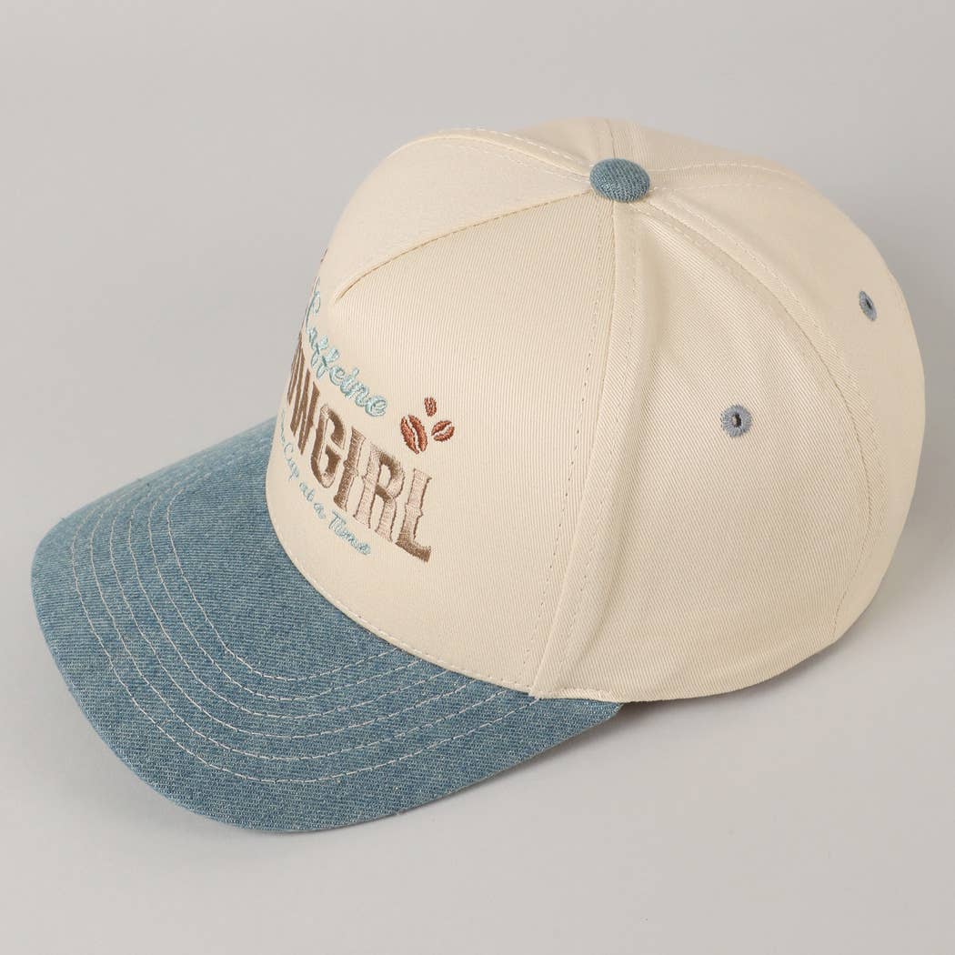 Western fashion trucker cap in cream and denim blue for country music festivals