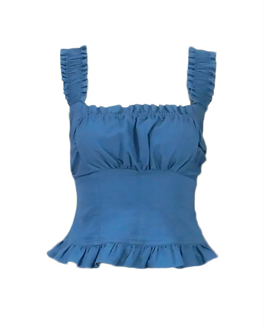 blue fitted peplum top with wide ruched shoulder straps, gathered bust detailing, structured waist panel, frill hem. Lightweight fabric with a square neckline and feminine silhouette