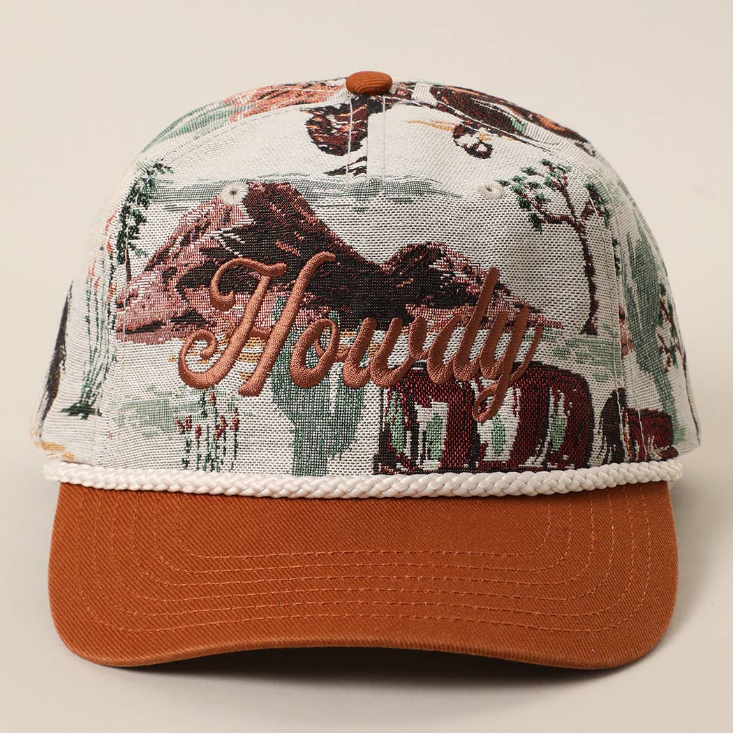 Howdy embroidered western tapestry cap with vintage cowboy design and brown brim