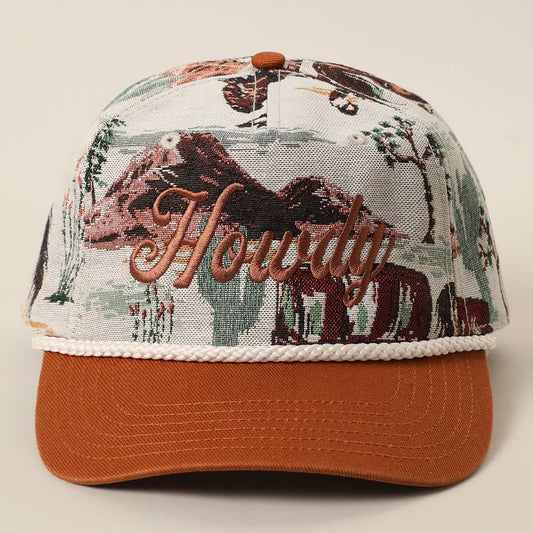 Howdy embroidered western tapestry cap with vintage cowboy design and brown brim