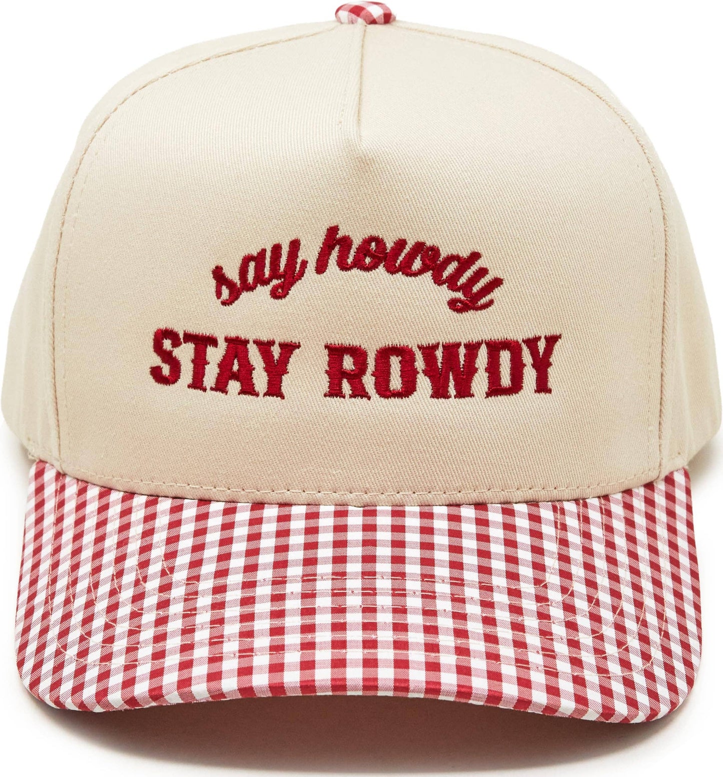 Cream trucker with red Say Howdy Stay Rowdy embroidery and gingham brim