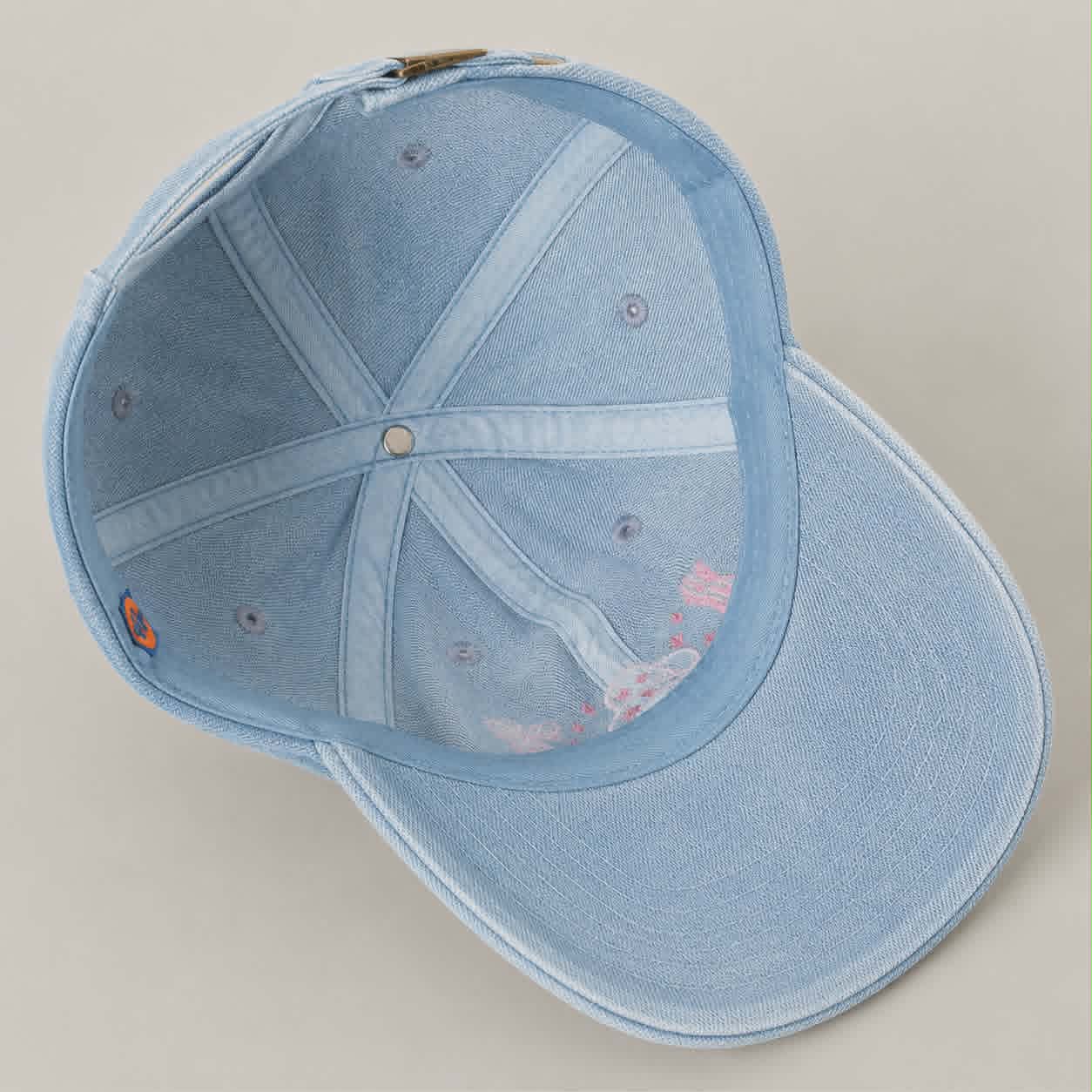 Women's light wash denim cap with cowgirl inspired embroidery and curved brim