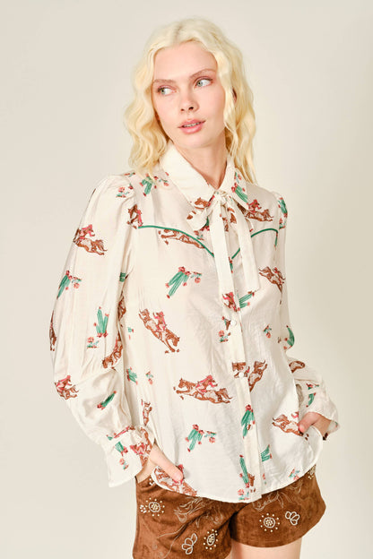 Rodeo Rose western blouse with cowgirl rider and cactus print