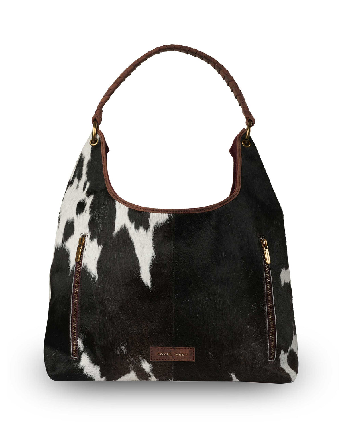 Black white and brown natural cowhide handbag with western leather detailing