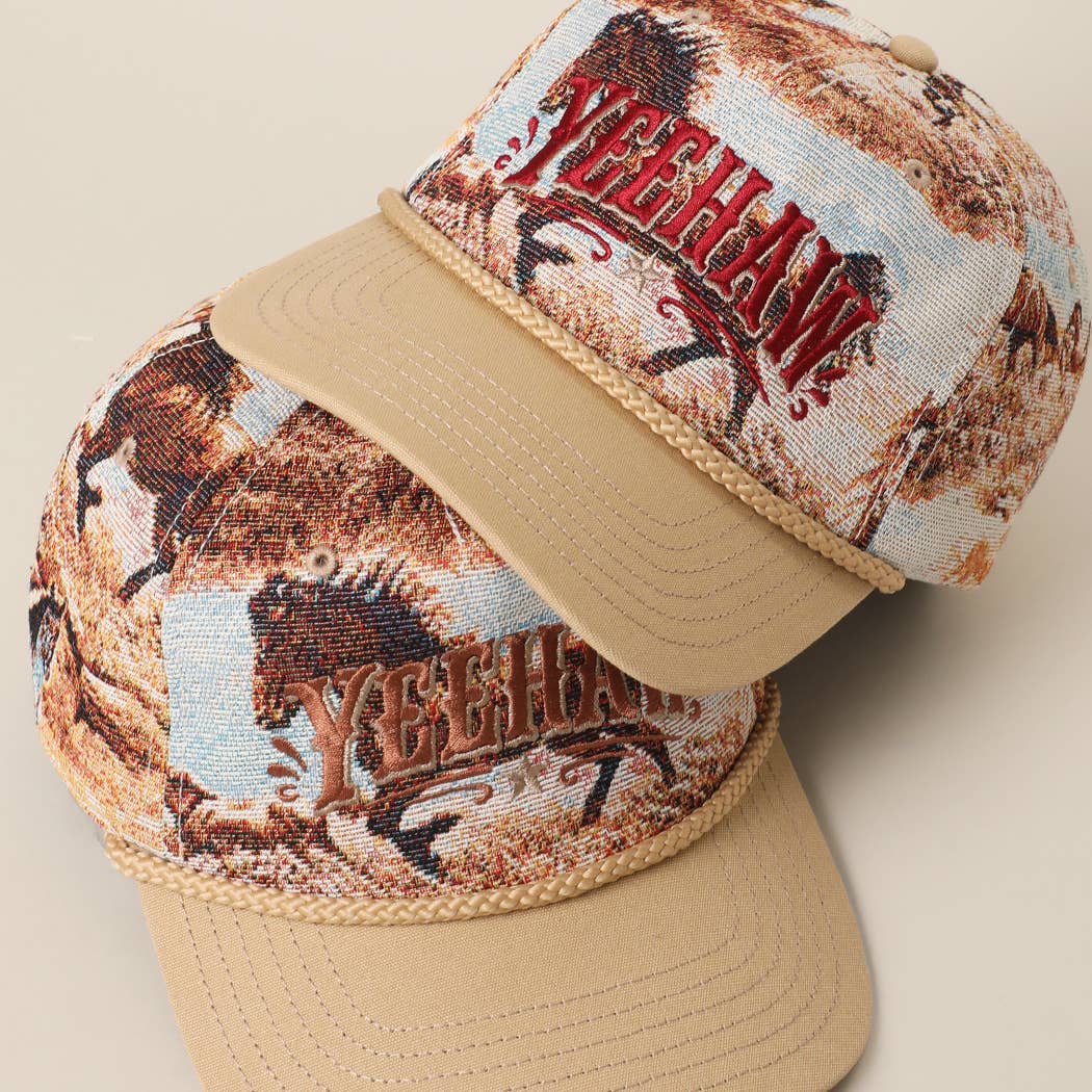 Vintage western YEEHAW trucker hat featuring a multicoloured wild horse tapestry crown and bold rodeo inspired embroidery