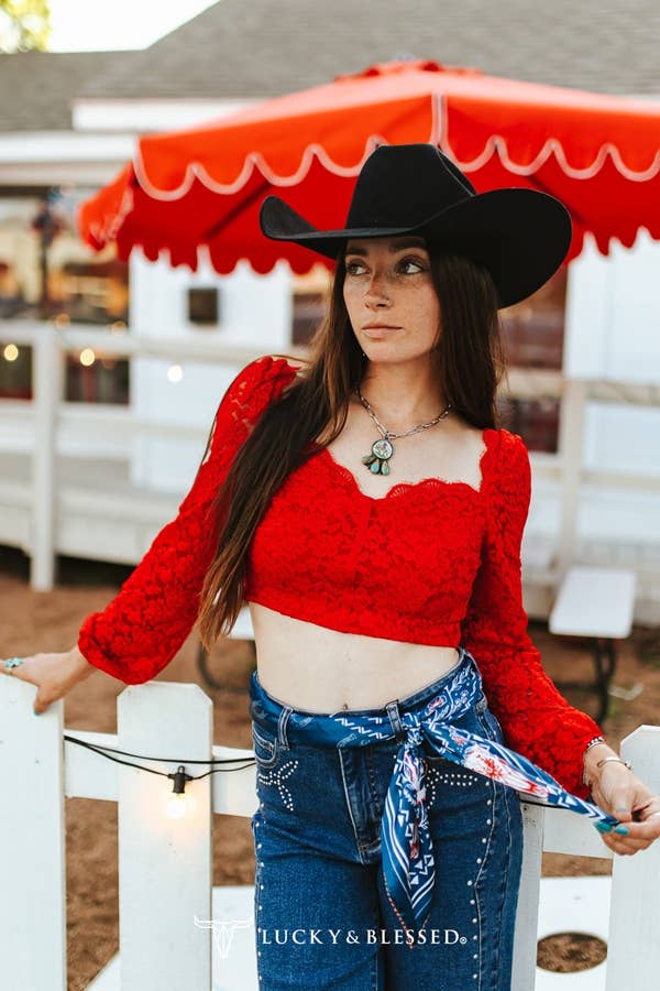 Silky cowgirl scarf with horseshoe pattern and western floral border