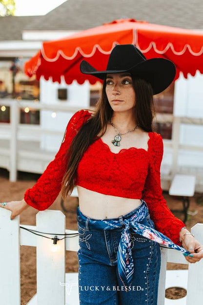Silky cowgirl scarf with horseshoe pattern and western floral border