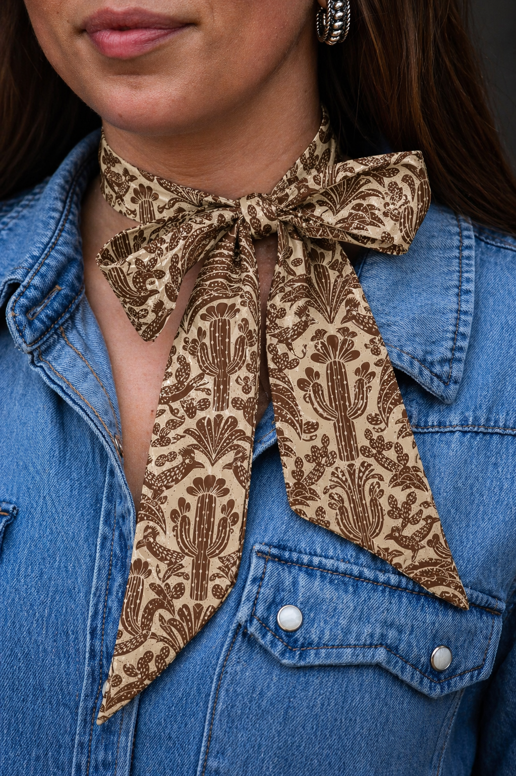 Western Desert Dunes silk twilly scarf in tan and brown cactus print