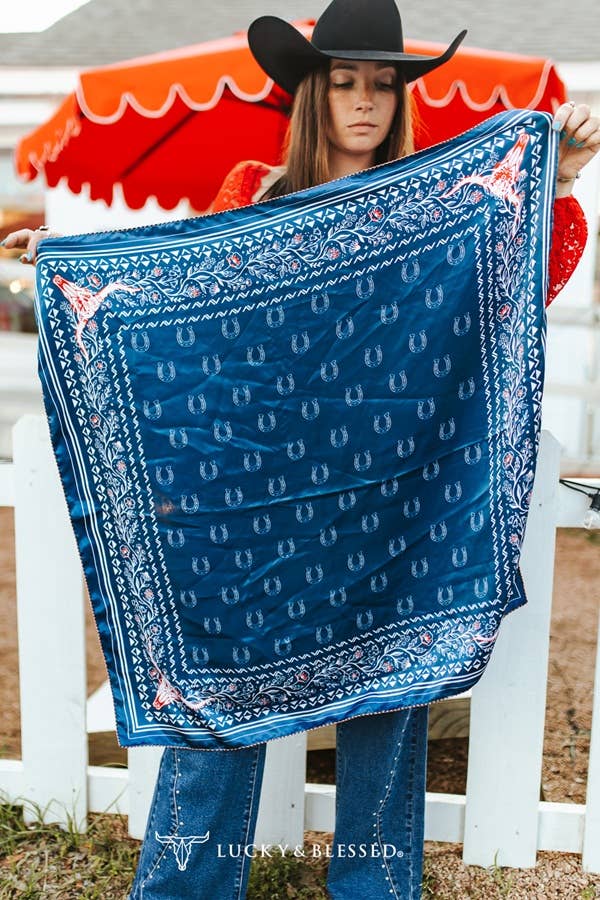 Navy blue western wild rag featuring horseshoe print and horse corner design