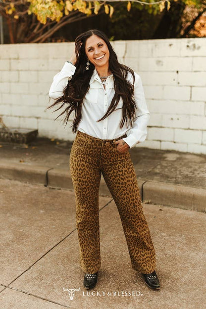 High-rise leopard print straight leg jeans for women, western fashion statement denim perfect for country concerts and everyday styling.