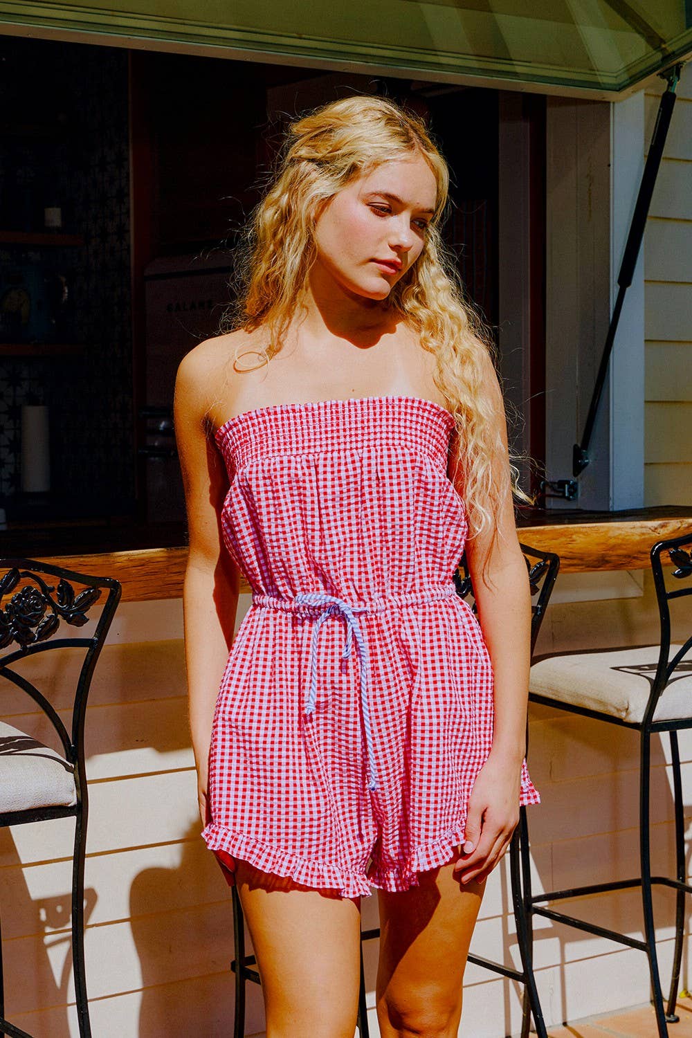 red and white gingham, red and white gingham outfit, red and white gingham jumpsuit, red and white gingham romper, red and white gingham strapless jumpsuit, 