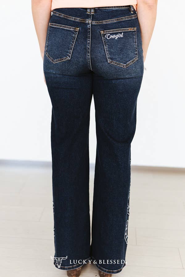Giddy Up Horseshoe Jeans- Dark wash
