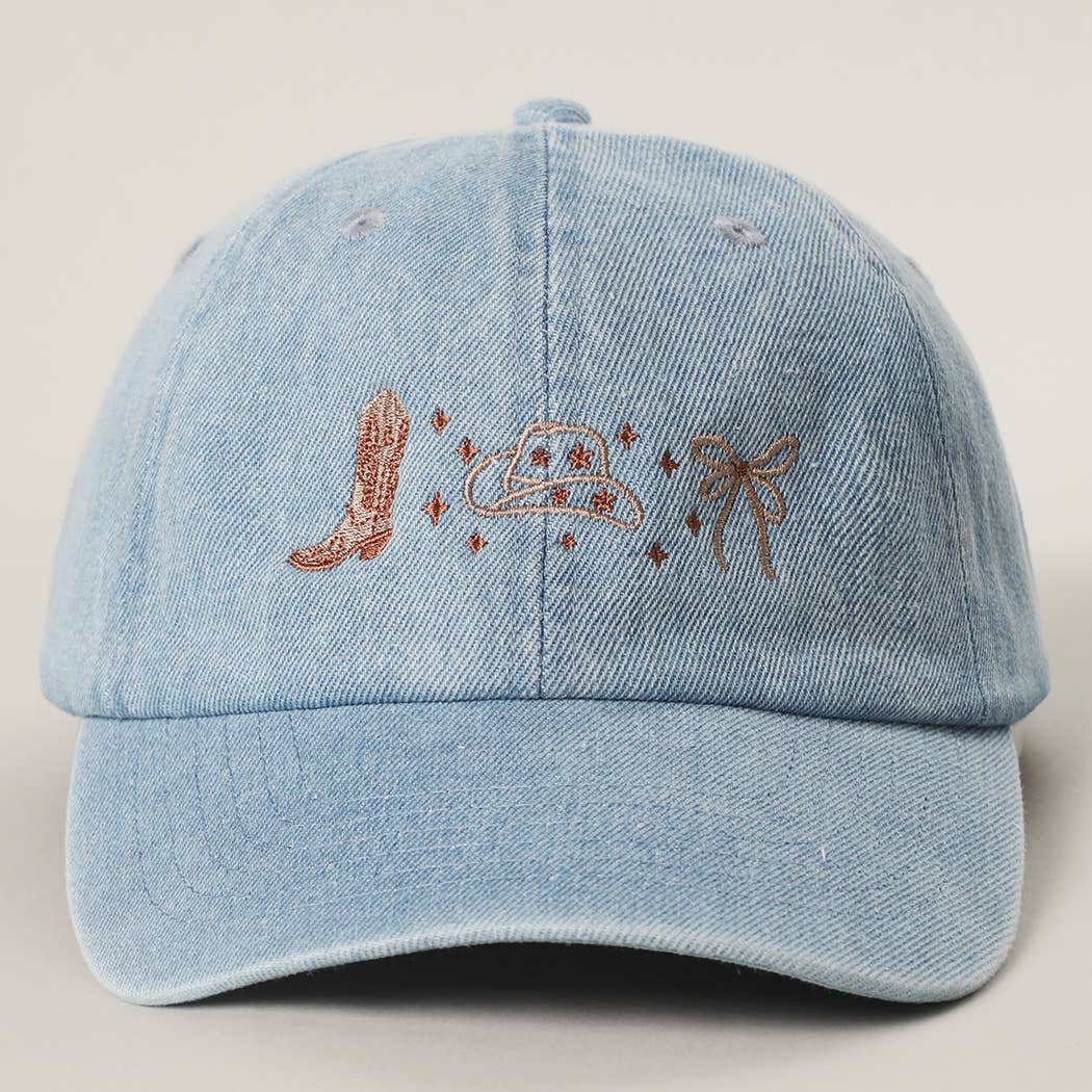 Light denim western cap featuring embroidered cowboy boots, cowboy hat and bow detailing