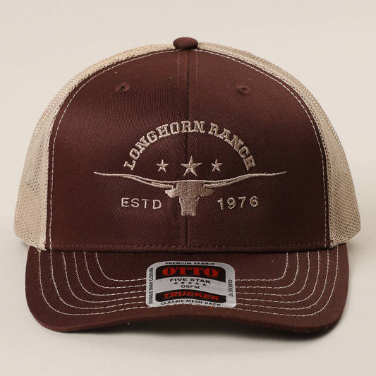 Chocolate brown longhorn Ranch trucker cap with cream embroidery and tan mesh back