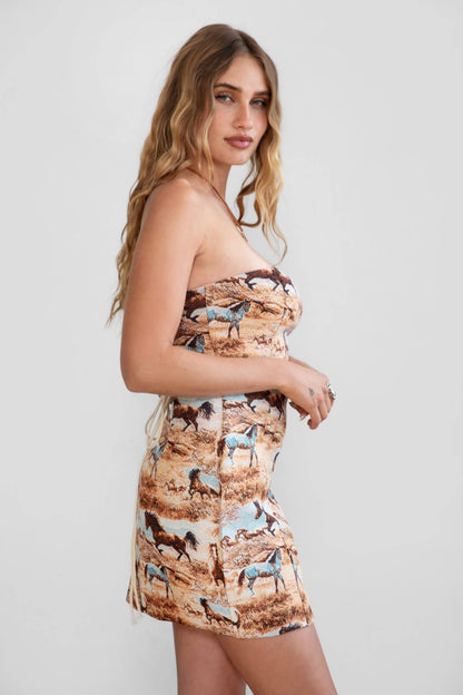 Horse Print Strapless Western Mini Dress