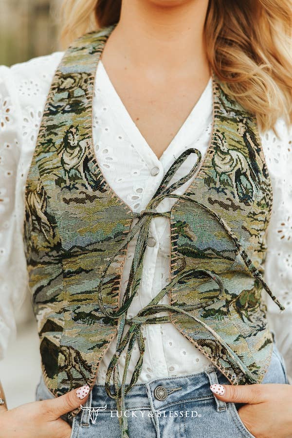 Country inspired tapestry vest with scenic woven fabric and authentic western styling