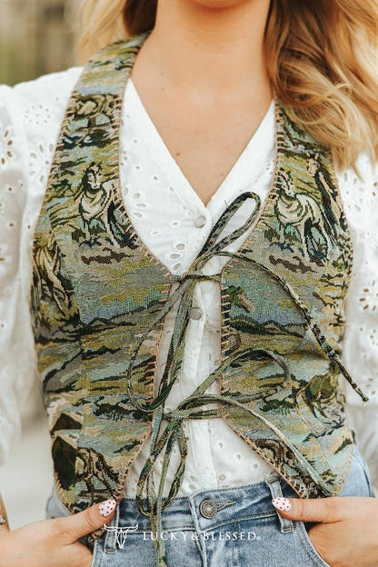Country inspired tapestry vest with scenic woven fabric and authentic western styling