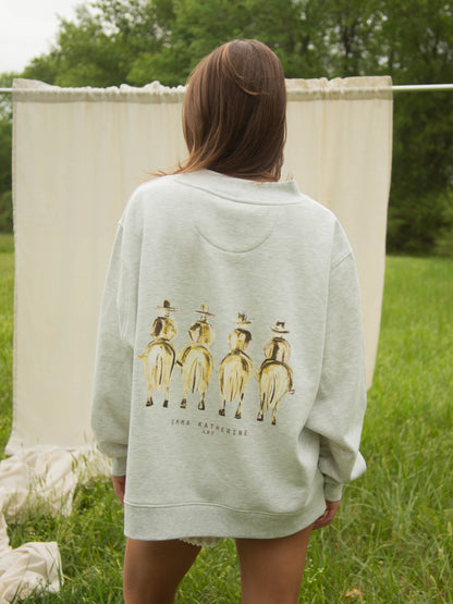 Ash grey Cowtown Cowboys sweatshirt featuring Emma Katherine cowboy artwork on the back