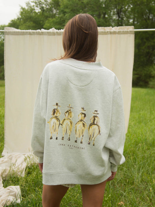 Ash grey Cowtown Cowboys sweatshirt featuring Emma Katherine cowboy artwork on the back