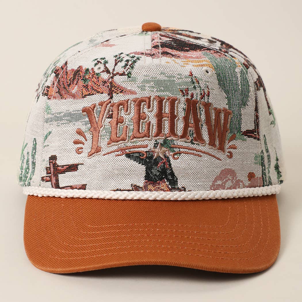 Yeehaw rodeo cowboy tapestry rope trucker cap with rust brown brim