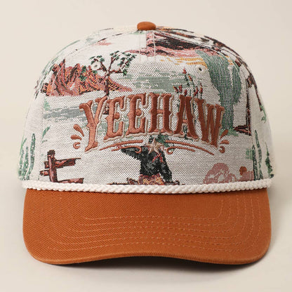 Yeehaw rodeo cowboy tapestry rope trucker cap with rust brown brim