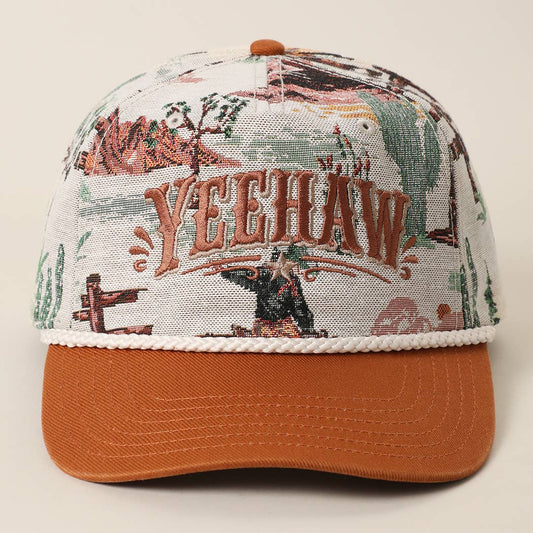 Yeehaw rodeo cowboy tapestry rope trucker cap with rust brown brim
