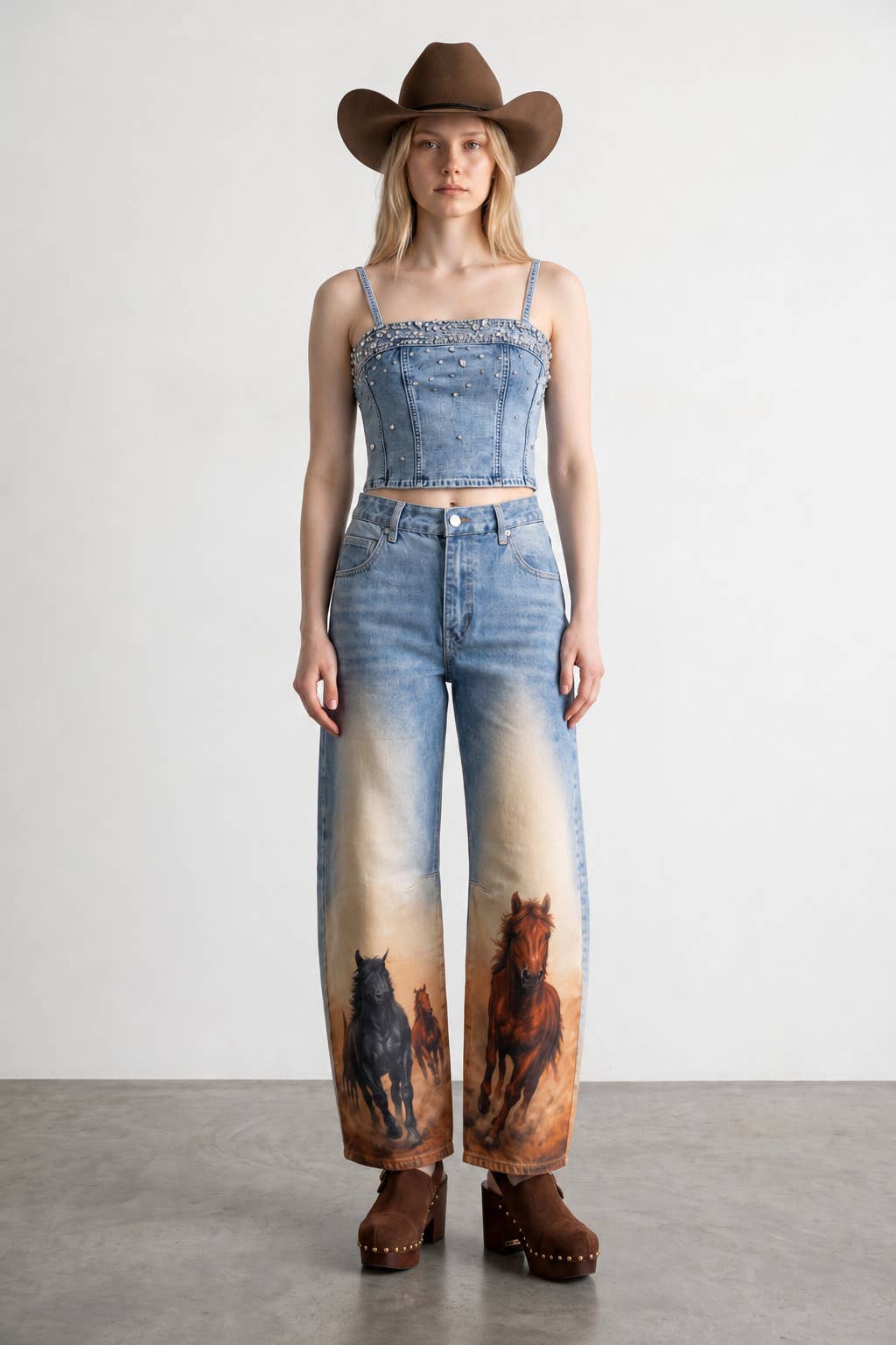 Women's western horse print statement denim  jeans